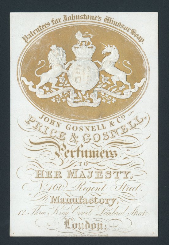 Price and Gosnell, Perfumers to Her Majesty, trade card by English School