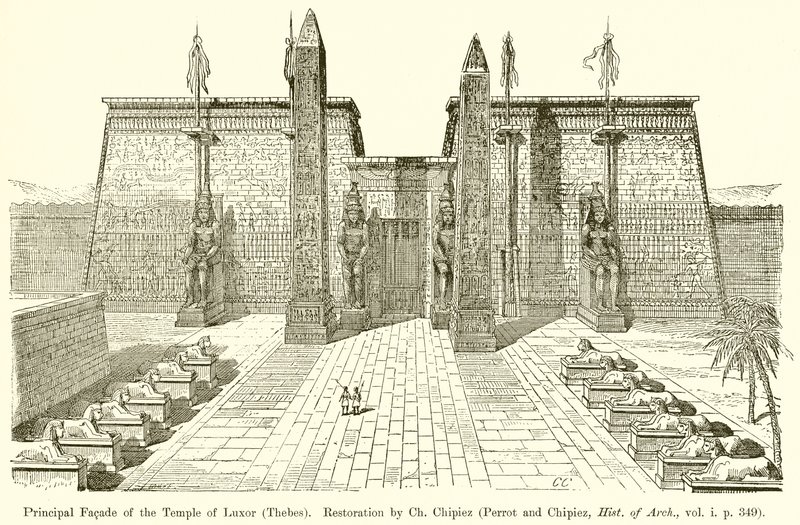 Principal Facade of the Temple of Luxor (Thebes). Restoration by Ch. Chipiez (Perrot and Chipiez, Hist. of Arch., vol. i. p. 349) by English School