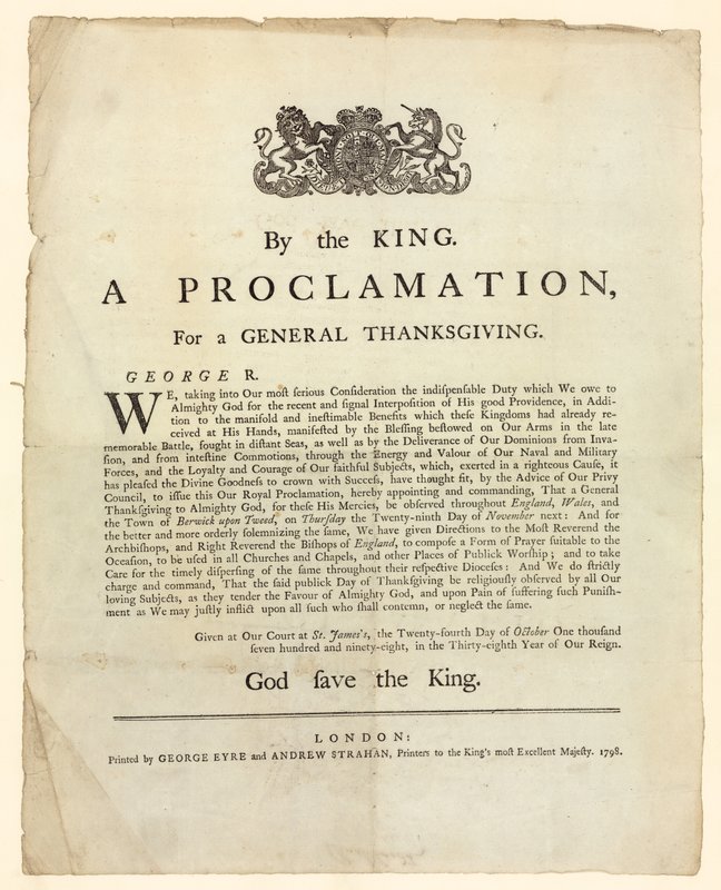Proclamation for a General Thanksgiving, 1798 by English School