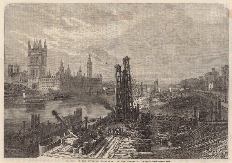 Progress of the southern Embankment of the Thames at Lambeth by English School