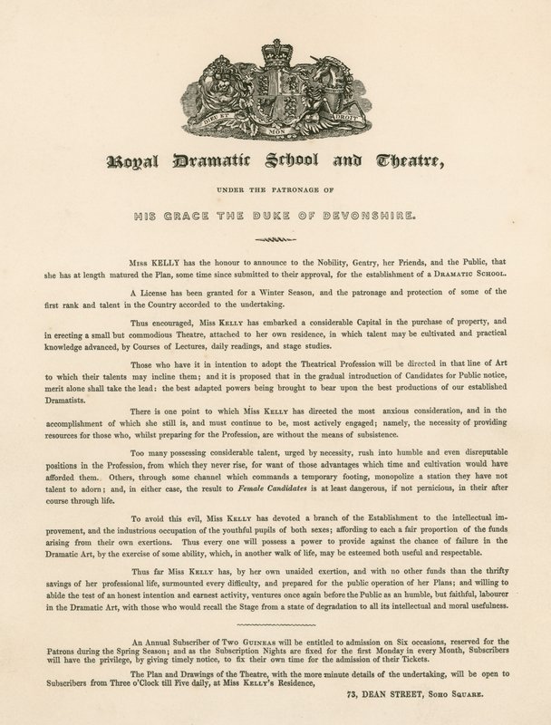 Promotional letter for the Royal Dramatic School and Theatre, 73 Dean Street, Soho Square, London by English School