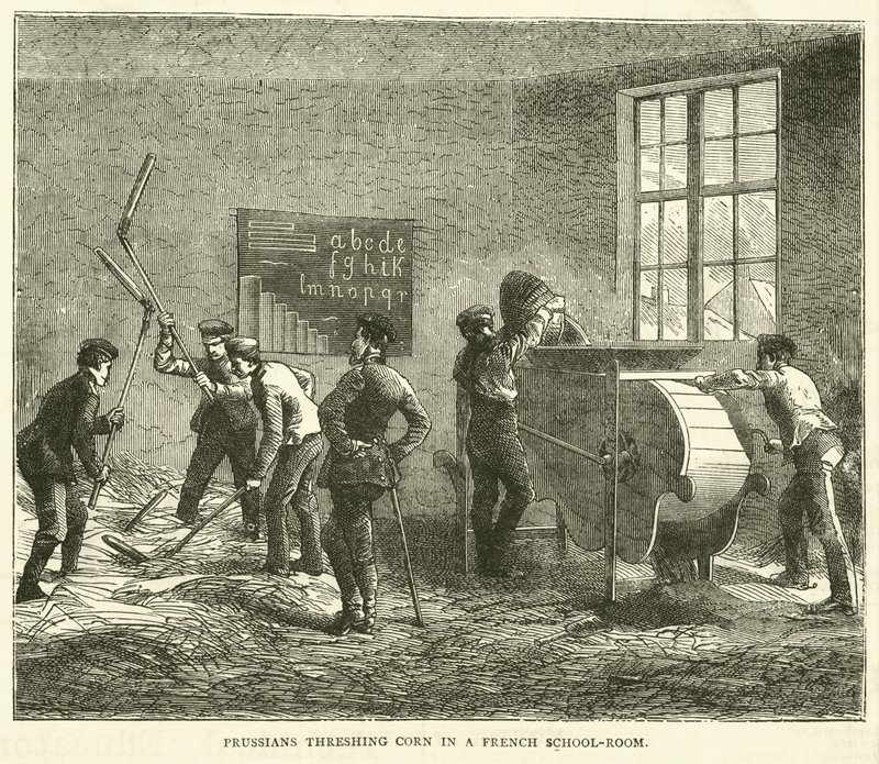 Prussians threshing corn in a French school-room by English School