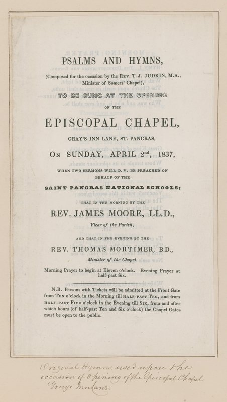 Psalms and Hymns to be Sung at the Episcopal Chapel by English School