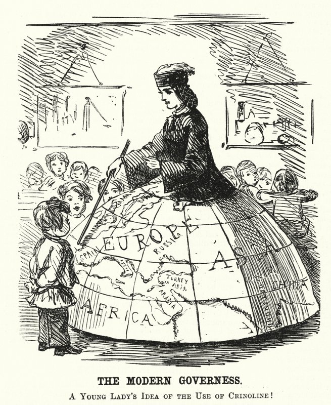 The Modern Governess - A Wide Hoop Skirt Serving as a Geography Teaching Aid by English School