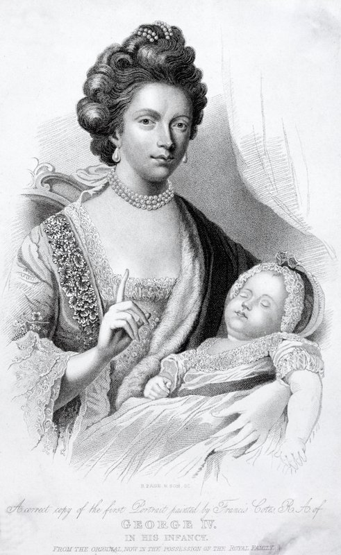 Queen Charlotte, Consort of King George III, with their baby son, the future Prince Regent and King George IV by English School