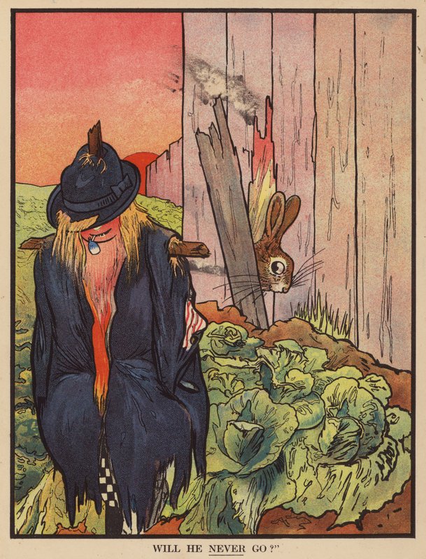 Rabbit confused by a scarecrow by English School
