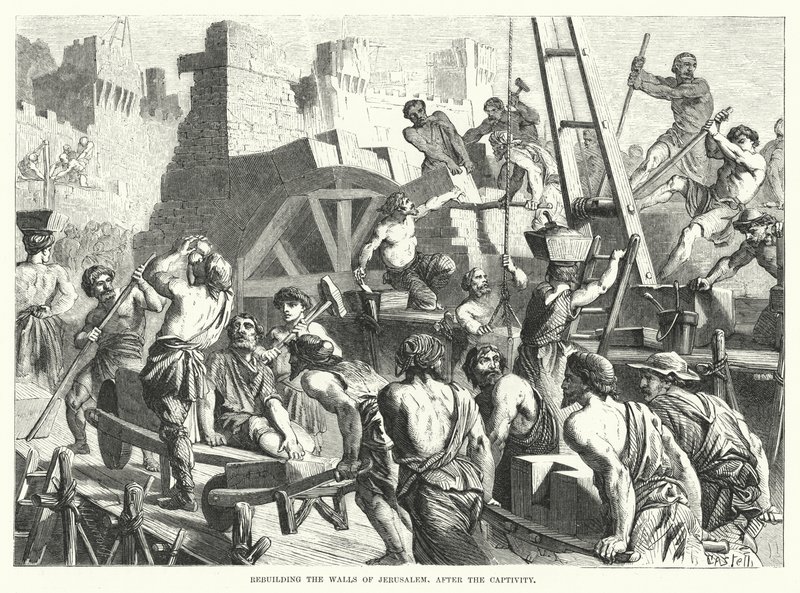 Rebuilding the Walls of Jerusalem, After the Captivity (engraving) by English School