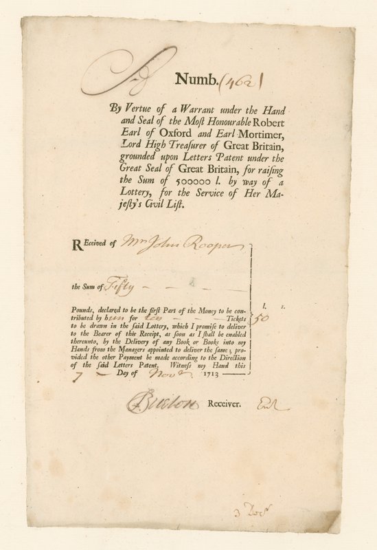 Receipt for Civil List Lottery of 1713 by English School
