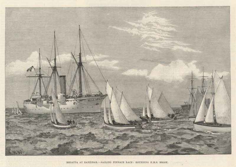 Regatta at Zanzibar, Sailing Pinnace Race, rounding HMS Brisk by English School