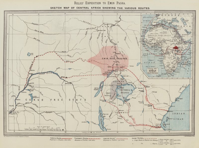Relief Expedition to Emin Pasha, Sketch Map of Central Africa showing the Various Routes by English School