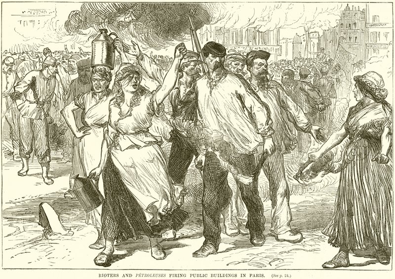 Rioters and Petroleuses firing Public Buildings in Paris by English School