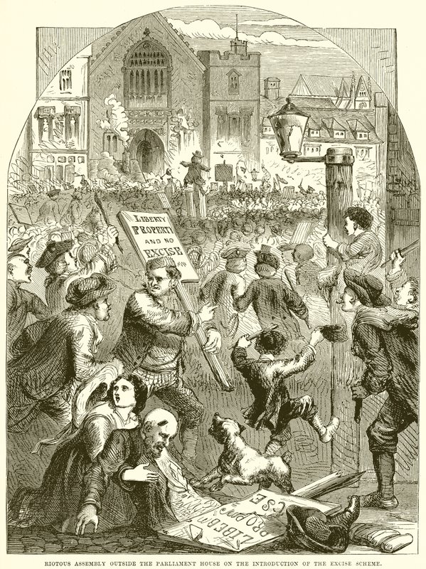 Riotous Assembly outside the Parliament House on the introduction of the Excise Scheme by English School