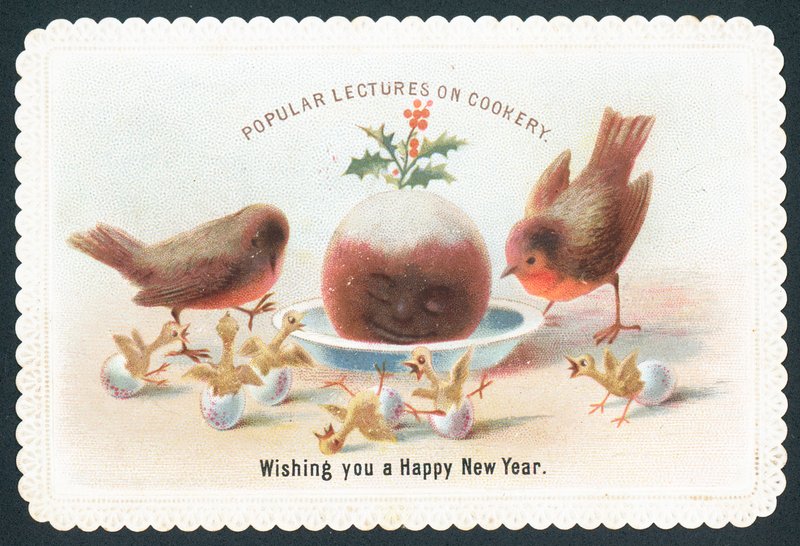 Robins and chicks looking at smiling plum pudding by English School
