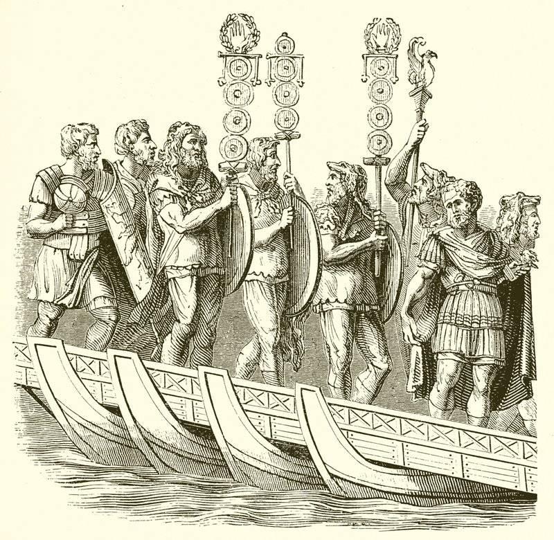 Roman Soldiers Crossing a Bridge of Boats by English School