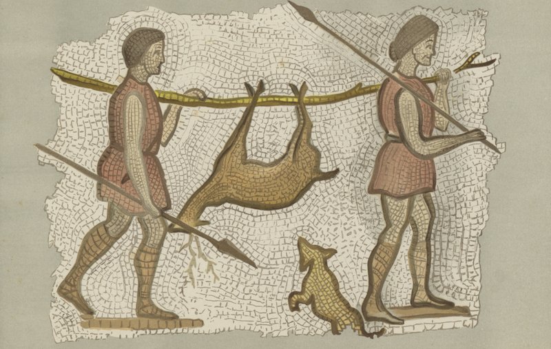 Roman mosaic, showing two men carrying a deer by English School