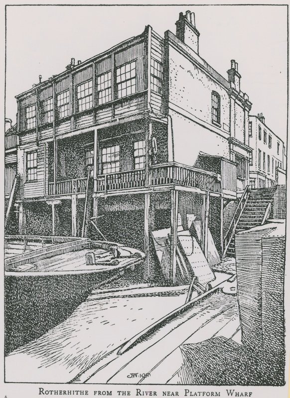 Rotherhithe from the River Thames near Platform Wharf; The Angel by English School