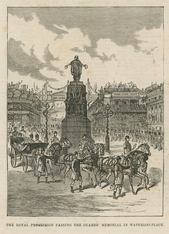 Royal procession passing the Guards Memorial in Waterloo Place by English School