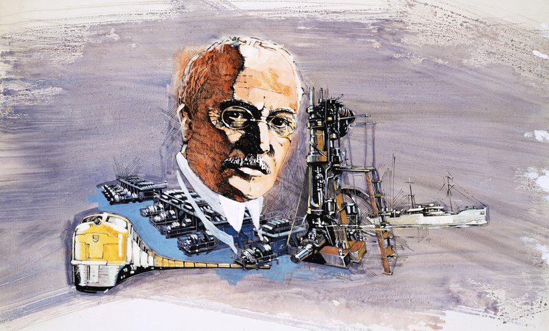 Rudolf Diesel against background of trains, boats and docks by English School