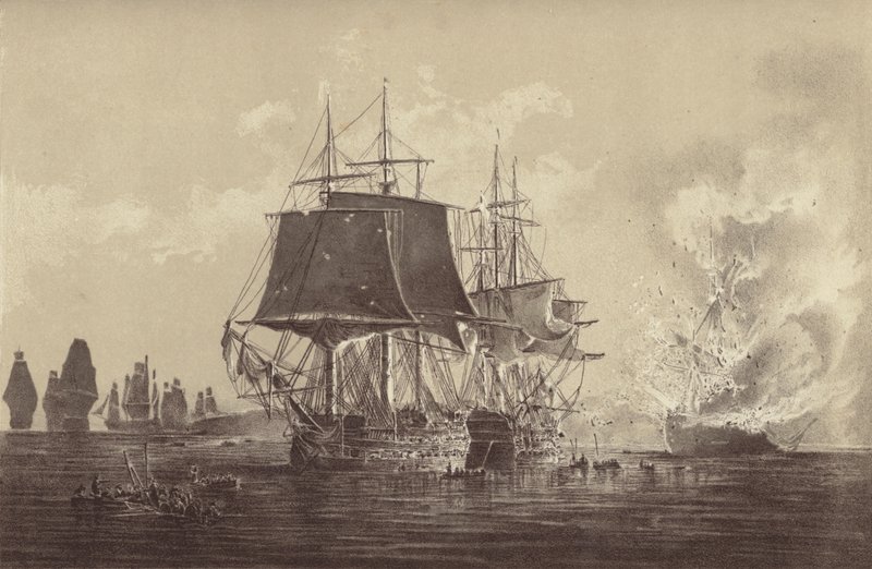 Russian ship Vsevolod destroyed in the presence of the Russian fleet after the action with HMS Implacable, attached to the Swedish Navy and commanded by Captain Thomas Byam Martin, in the Baltic, 26 August 1808 by English School
