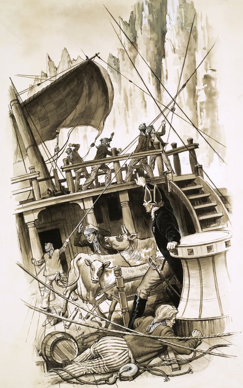 Sailing ship with cattle on board by English School