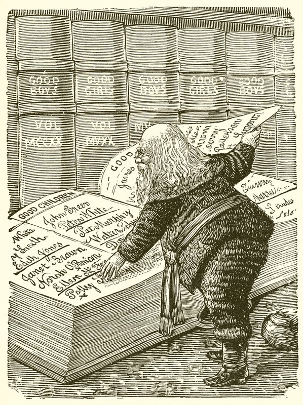 Santa Claus looking in his diary for the names of children who have been good since last Christmas by English School