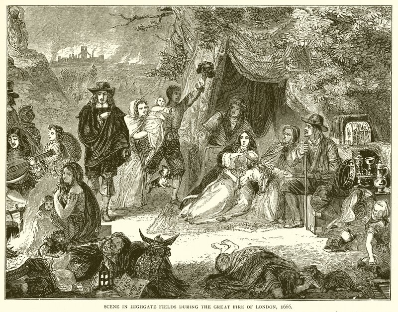 Scene in Highgate Fields during the Great Fire of London, 1666 by English School
