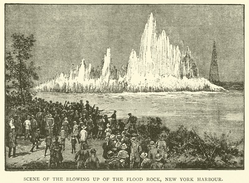 Scene of the Blowing up of the Flood Rock, New York Harbour by English School