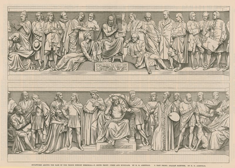 Sculptures around the base of the Prince Consort Memorial (engraving) by English School