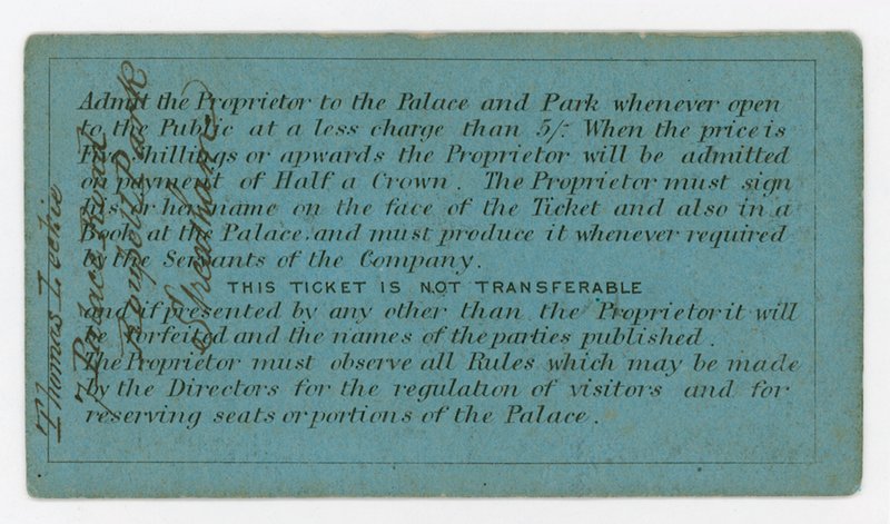 Season Ticket for Admission to the Crystal Palace, 1861-62, Reverse, Showing Rules by English School
