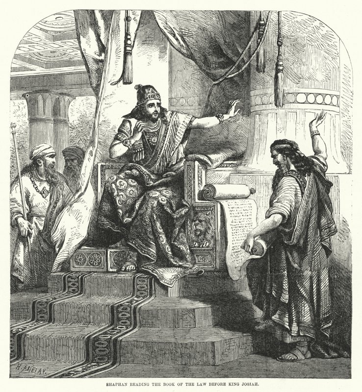Shaphan Reading the Book of the Law Before King Josiah (engraving) by English School