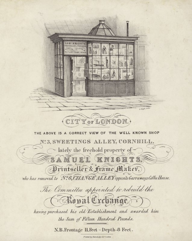 Shop of Samuel Knights, printseller and frame maker, 3 Sweetings Alley, Cornhill, City of London by English School