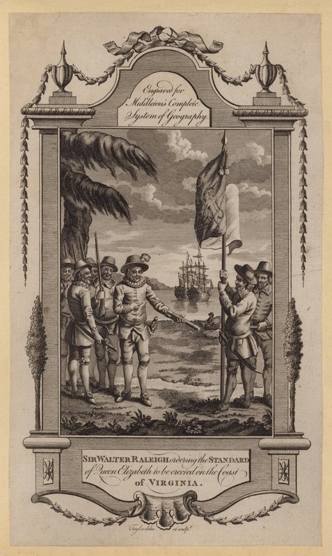 Sir Walter Raleigh ordering the Standard of Queen Elizabeth to be erected on the Coast of Virginia by English School