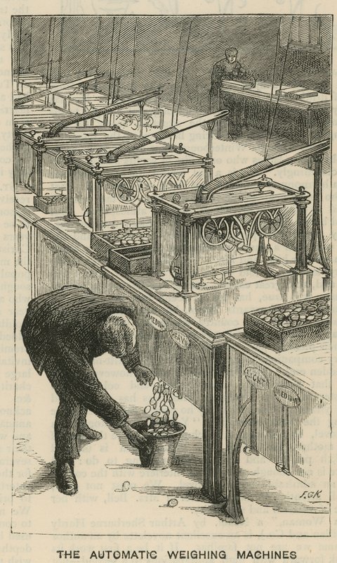 Sketches at the Royal Mint, Tower Hill; The Automatic Weighing Machines by English School