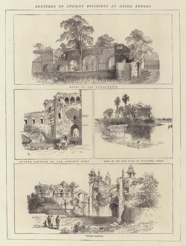 Sketches of Ancient Buildings at Dacca, Bengal by English School
