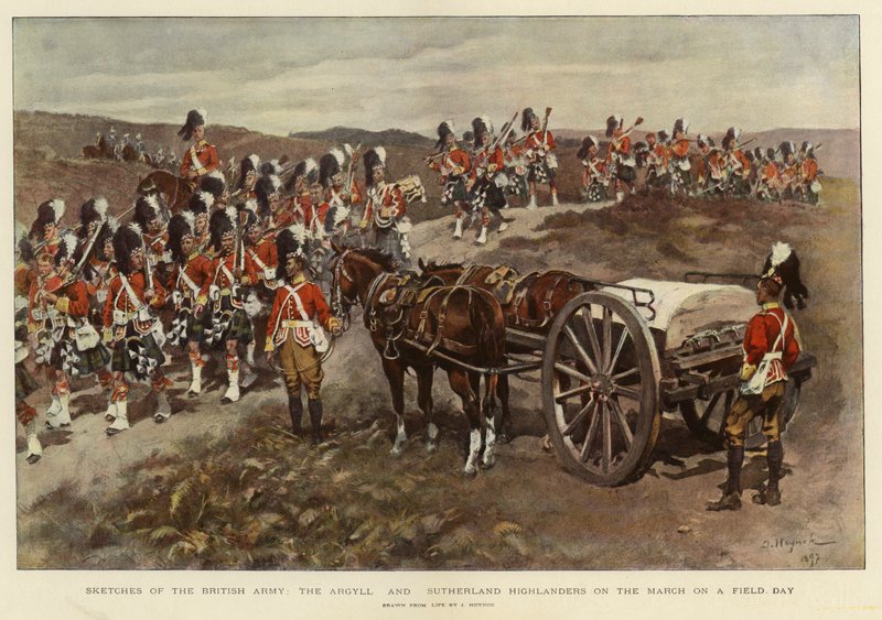Sketches of the British Army, the Argyll and Sutherland Highlanders on the March on a Field Day by English School
