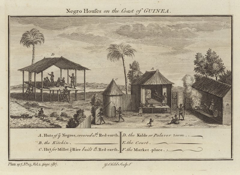 Slaves houses on the coast of Guinea by English School