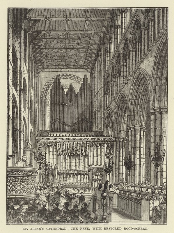 St Albans Cathedral, the nave, with restored rood-screen by English School