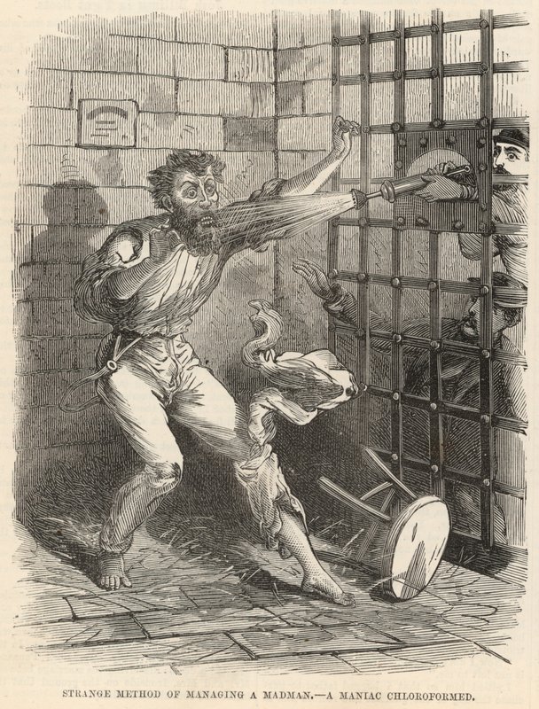 Strange method of managing a madman; A maniac chloroformed by English School