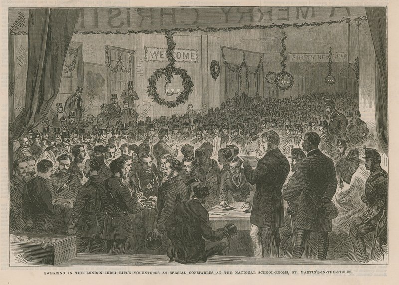 Swearing in the London Irish Rifle Volunteers as Special Constables by English School