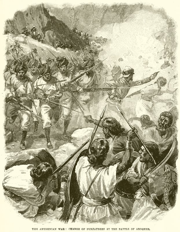 The Abyssinian War: Charge of Punjaubees at the Battle of Aroqhee by English School