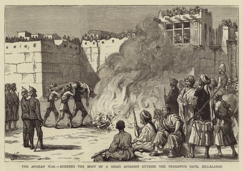 The Afghan War, burning the Body of a Ghazi Assassin outside the Peshawur Gate, Jellalabad by English School