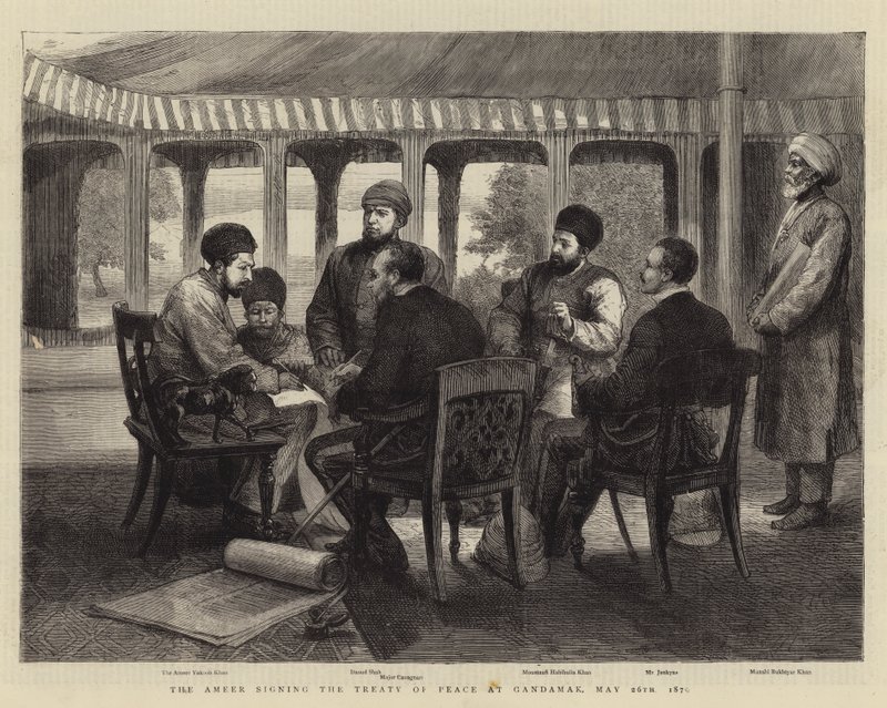 The Ameer signing the Treaty of Peace at Gandamak, 26 May 1879 by English School