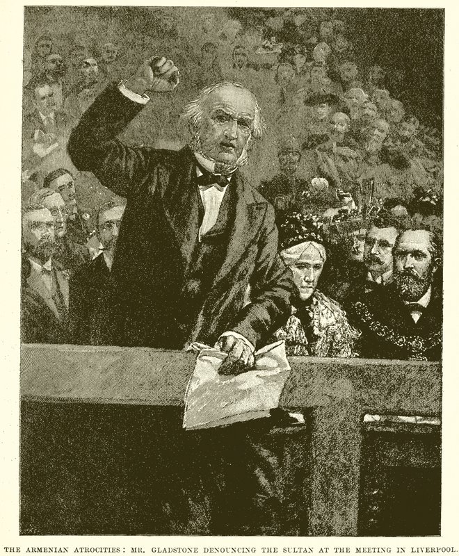 The Armenian Atrocities: Mr. Gladstone Denouncing the Sultan at the Meeting in Liverpool by English School