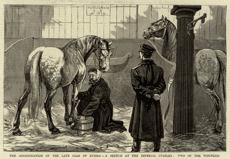 The Assassination of the Late Czar of Russia, a Sketch at the Imperial Stables, two of the wounded by English School