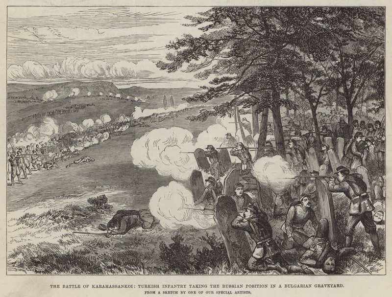 The Battle of Karahassankoi, Turkish Infantry Taking the Russian Position in a Bulgarian Graveyard by English School