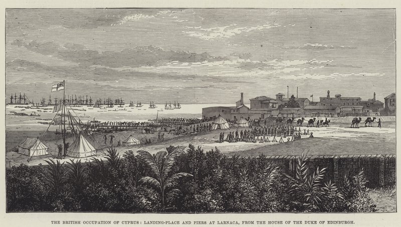 The British Occupation of Cyprus, Landing-Place and Piers at Larnaca, from the House of the Duke of Edinburgh by English School