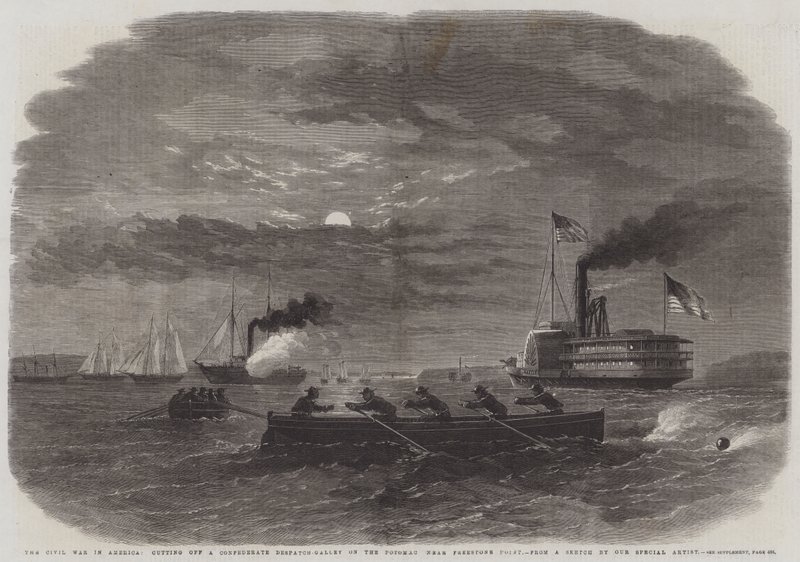 The Civil War in America, cutting off a Confederate Despatch-Gallery on the Potomac near Freestone Point by English School