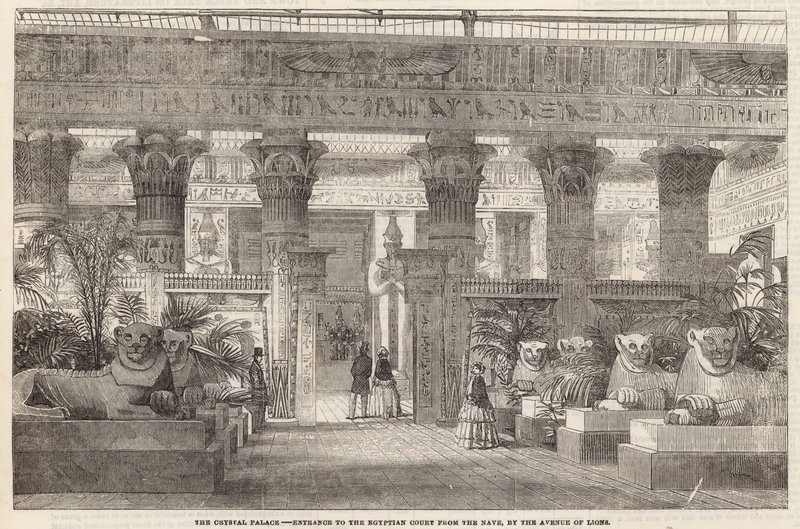 The Crystal Palace: Entrance to the Egyptian Court from the Nave by the Avenue of Lions by English School
