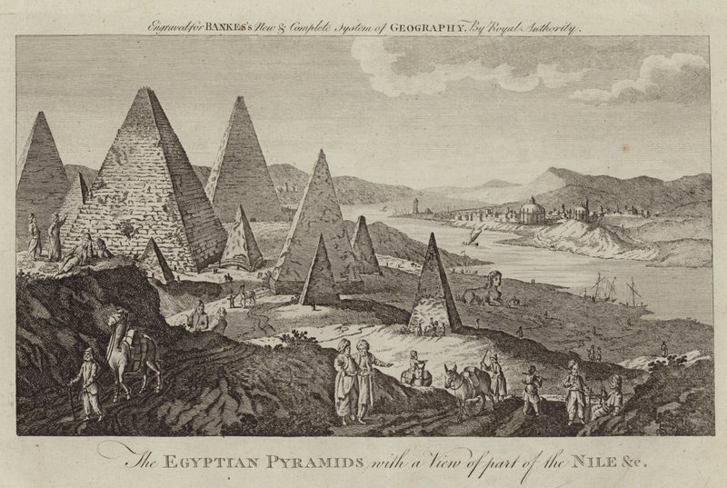 The Egyptian Pyramids with a view of part of the Nile by English School