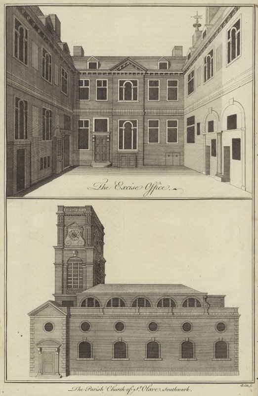 The Excise Office, London and the Parish Church of St Olave, Southwark by English School